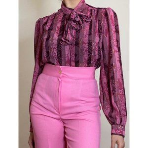 (SOLD ) 80'S Pink Floral Jabot/Ascot Bow Long Sleeve Blouse (S)